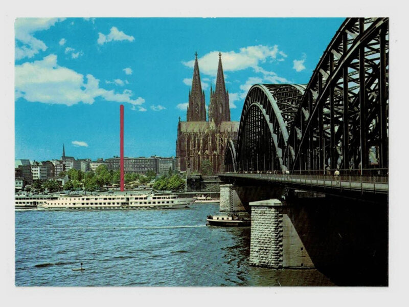 Postkarten lügen nicht, Hohenzollernbrücke und Kölner Dom, 1989 | Zeichnung auf Postkarte, 8.8 x 13.5 cm