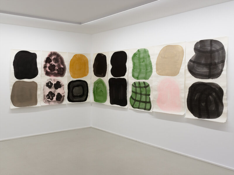 Blob Grids, 2022 | ink paper, paint, clay, yellow iron oxide, chromium oxide, ink, each 127 x 67 cm | Gailan Ngan