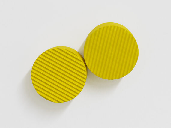 Jill Baroff: Yellow Dials, 2026, paint on wood, wallwork