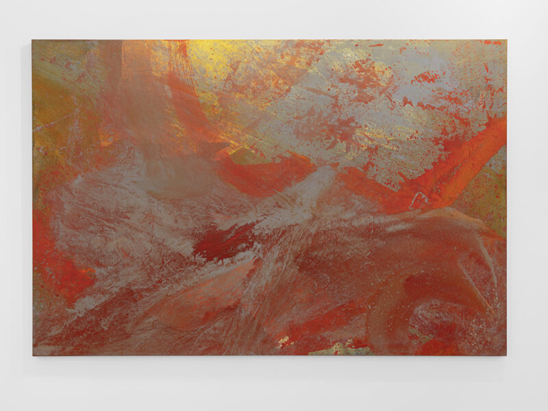 ohne Titel, 2026 | retroreflective and cadmium orange pigment, acrylic on earth, on canvas, 200 x 300 cm